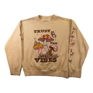 PS / LA Womens Small Sweatshirt Tan Trust The Vibes Mushroom Butterfly Graphic